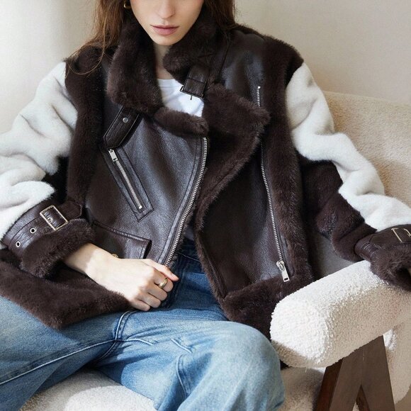 Brown Casual Women's Lapel Zipper Faux Fur colorblock Jacket - Picture 3 of 6